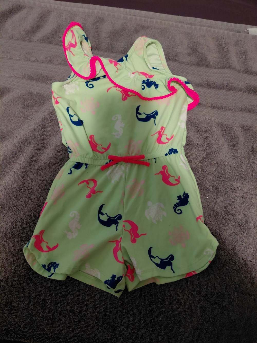 Kidgets Neon Green Mermaid Print Romper with Hot Pink Trim